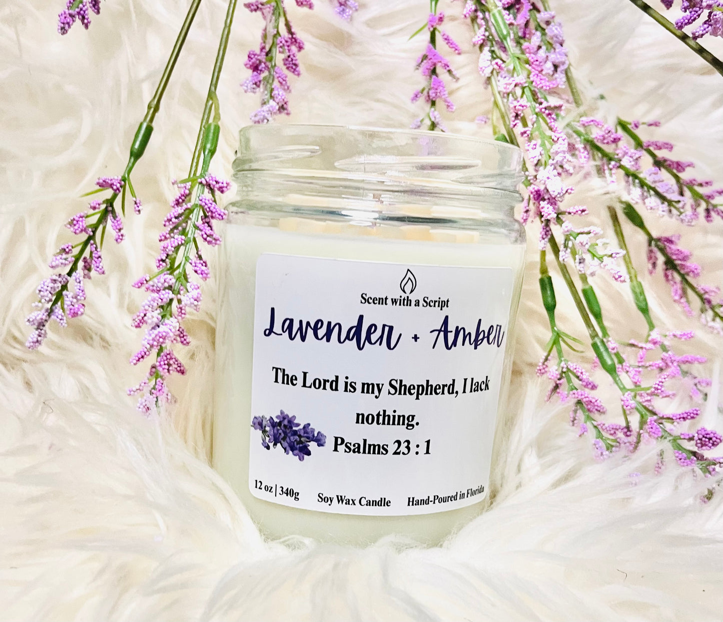 Lavender Amber 12oz| 340g Soy Wax Candle Psalms 23:1