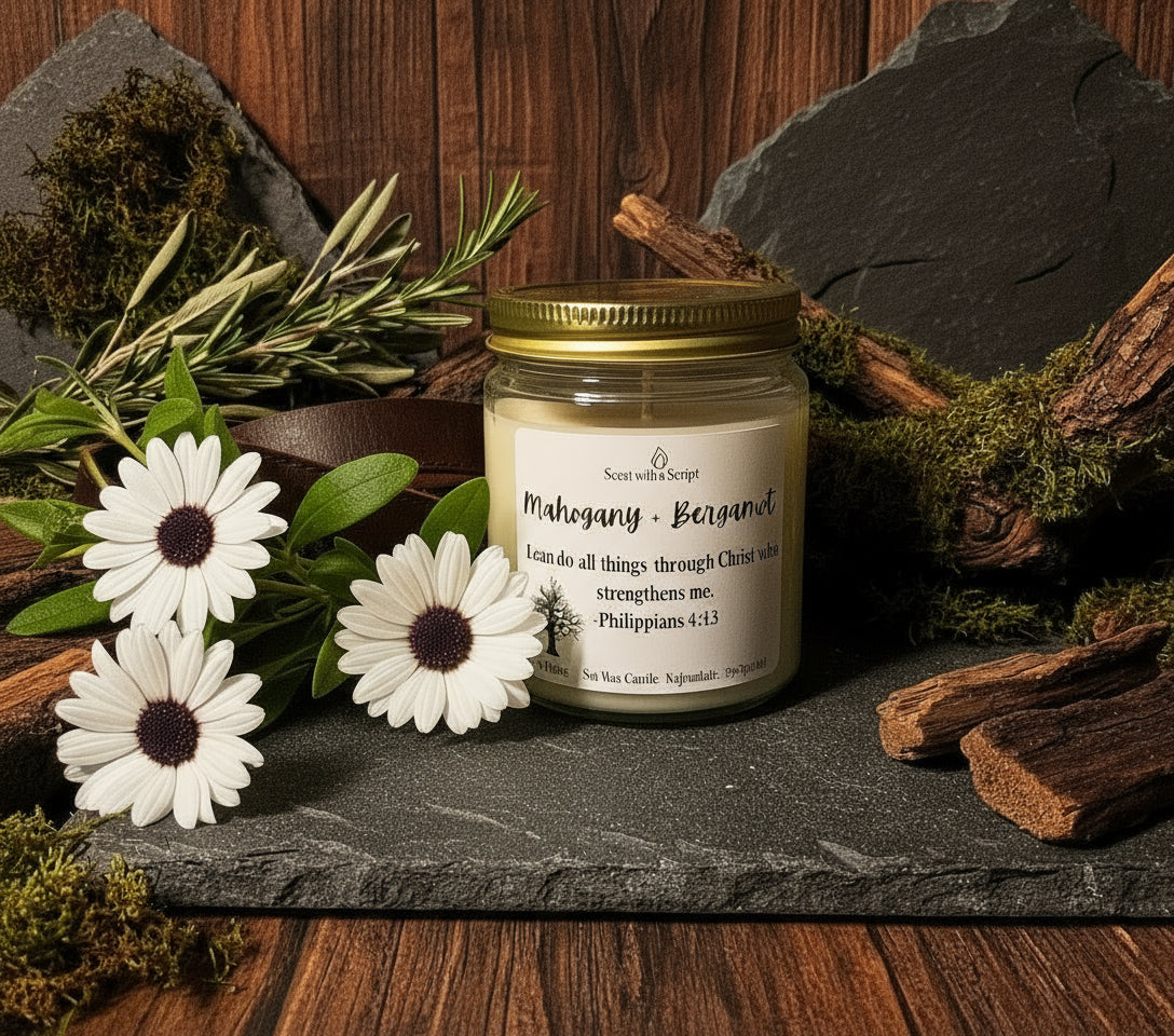 Mahogany and Bergamot Aromatherapy Candle - Relaxing Scent with a Script 12oz | 340g Soy Wax Candle Philippians 4:13