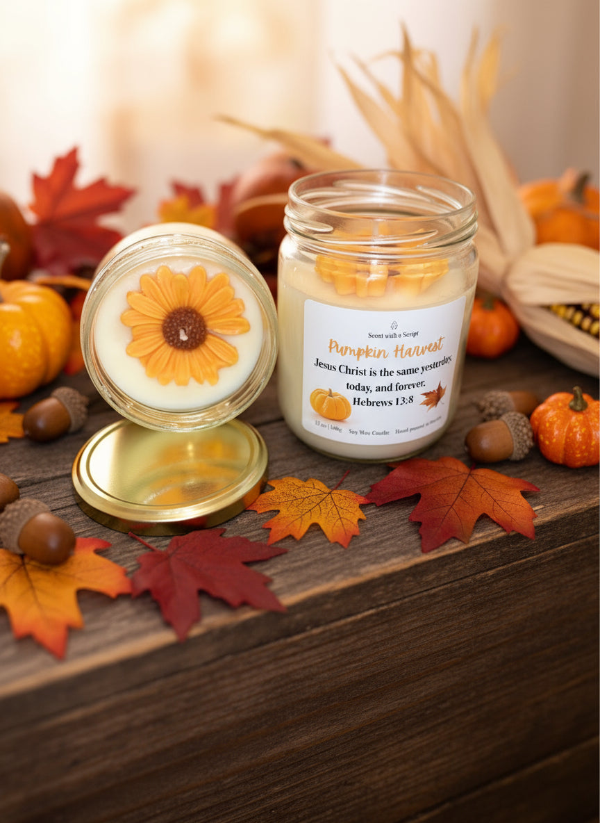 Pumpkin Harvest Aromatherapy Candle - Relaxing Scent with a Script 12oz| 340g Soy Wax Candle Hebrews 13 :8