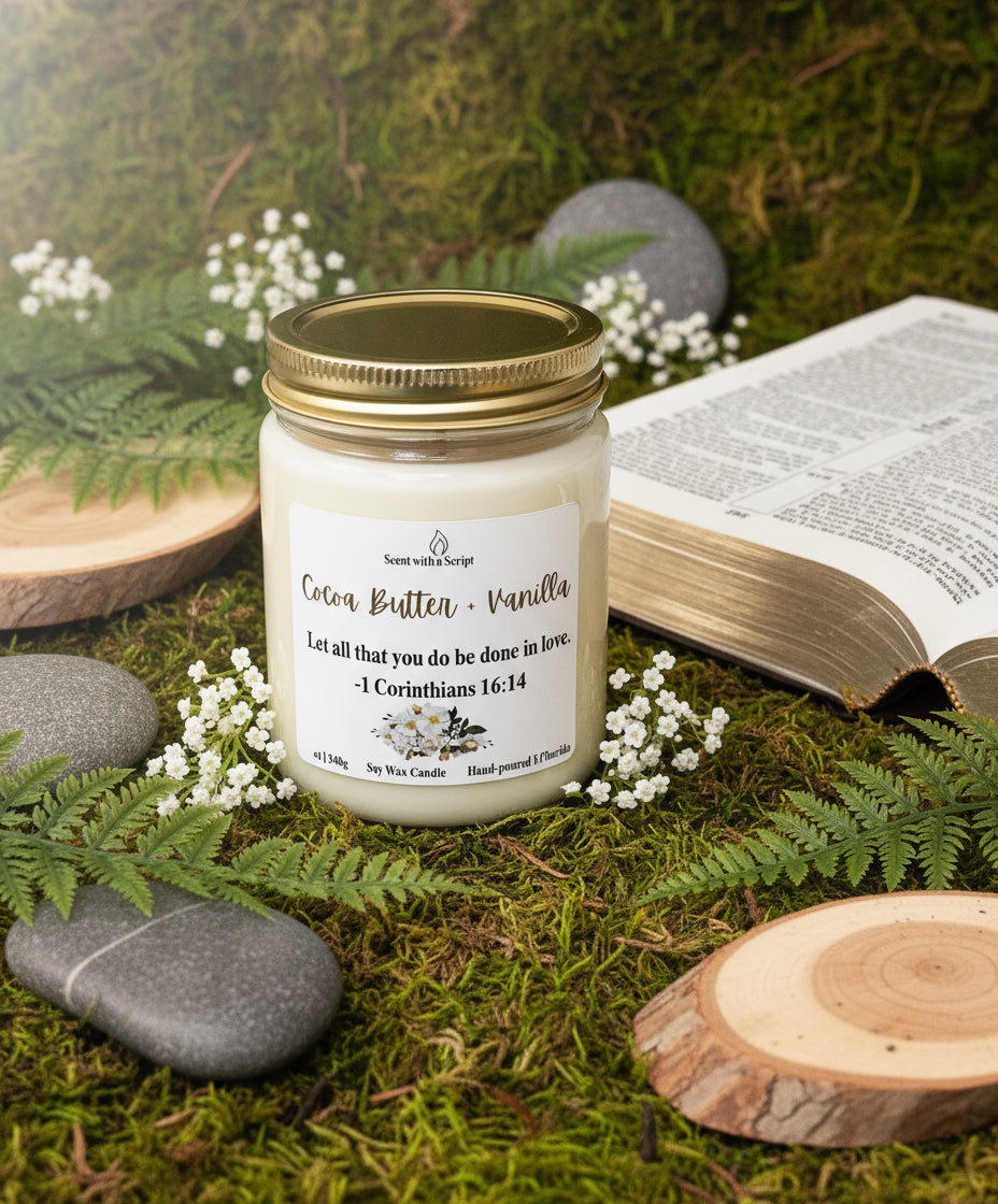 Cocoa Butter and Vanilla Aromatherapy Candle - Relaxing Scent with a Script 12oz|340g Soy Candle | Faith-Based Cozy Candle | Handmade Christian Gift