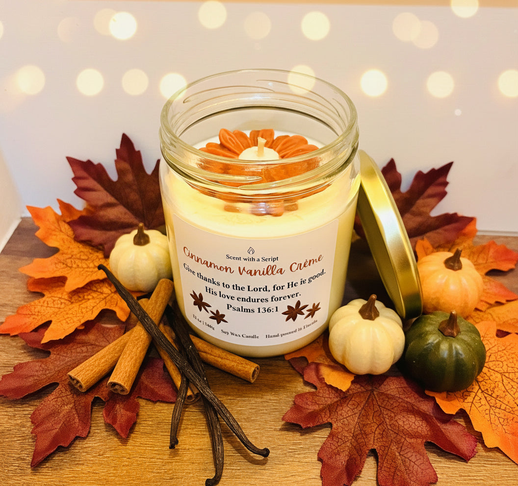 Cinnamon And Vanilla Crème Aromatherapy Candle -Relaxing Scent with a Script 12oz| 340g Soy Wax Candle Psalms 136:1