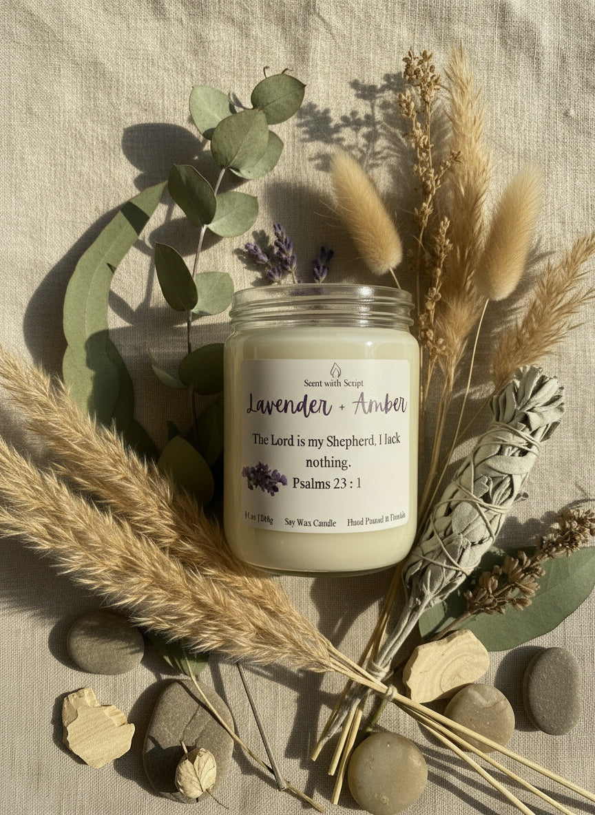 Lavender and Amber Aromatherapy Candle - Relaxing Scent with a Script 12oz| 340g Soy Wax Candle Psalms 23:1
