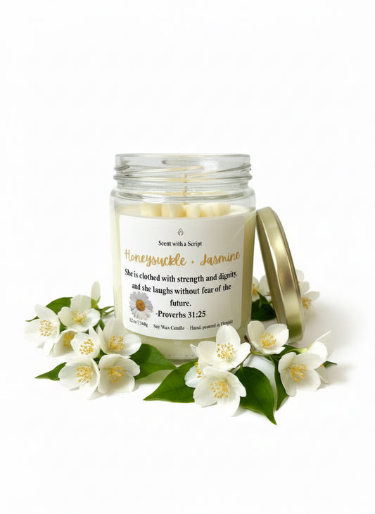Honeysuckle Jasmine Aromatherapy Candle - Relaxing Scent with a Script 12oz|340g Soy Candle | Faith-Inspired Floral Candle | Bible Verse Gift Proverbs 31:25