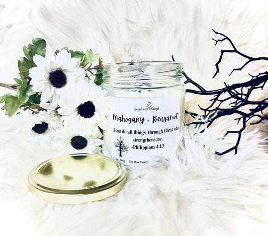 Mahogany Bergamot 12oz | 340g Soy Wax Candle Philippians 4:13