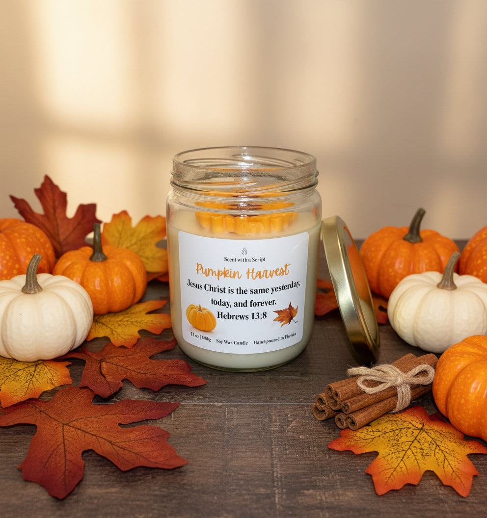 Pumpkin Harvest Aromatherapy Candle - Relaxing Scent with a Script 12oz| 340g Soy Wax Candle Hebrews 13 :8