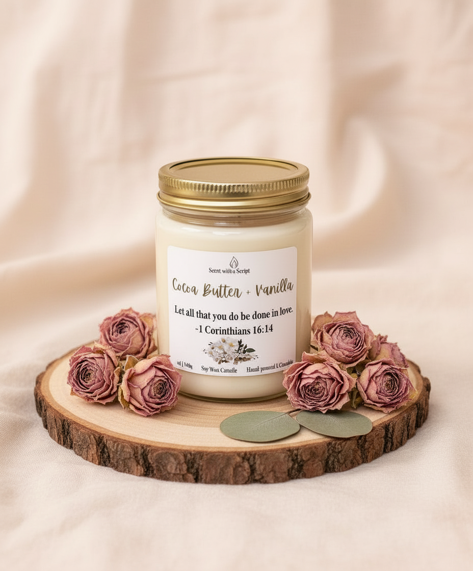 Cocoa Butter and Vanilla Aromatherapy Candle - Relaxing Scent with a Script 12oz|340g Soy Candle | Faith-Based Cozy Candle | Handmade Christian Gift