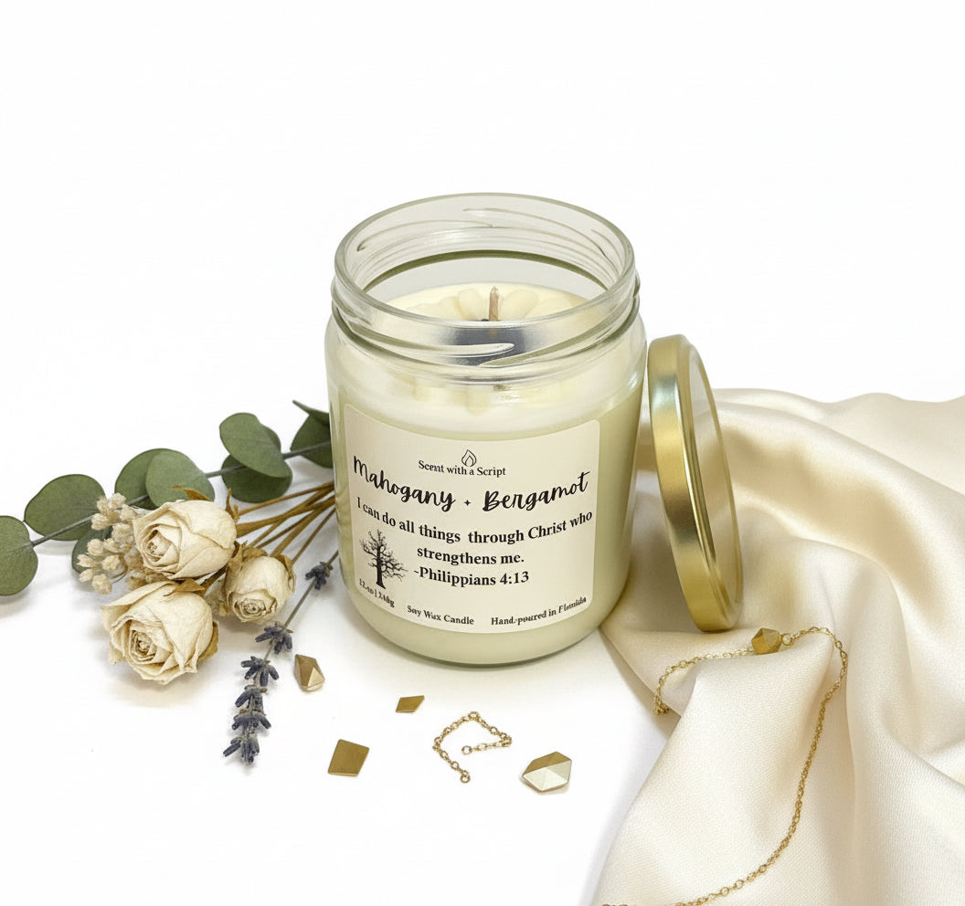 Mahogany and Bergamot Aromatherapy Candle - Relaxing Scent with a Script 12oz | 340g Soy Wax Candle Philippians 4:13