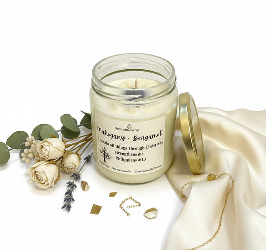 Mahogany and Bergamot Aromatherapy Candle - Relaxing Scent with a Script 12oz | 340g Soy Wax Candle Philippians 4:13
