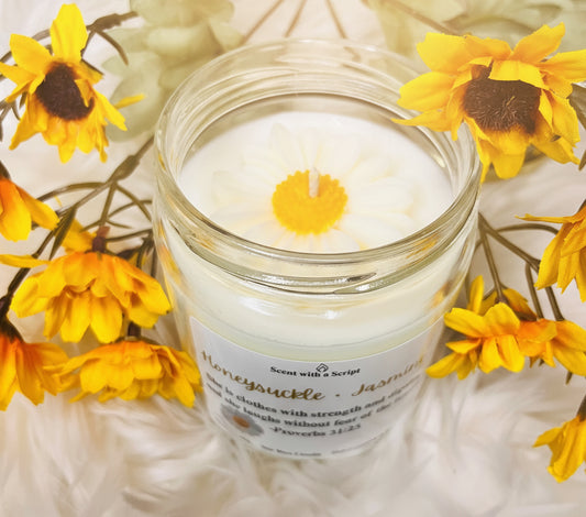 Honeysuckle And Jasmine Aromatherapy Candle - Relaxing Scent with a Script 12oz|340g Soy Candle | Faith-Inspired Floral Candle | Bible Verse Gift Proverbs 31:25
