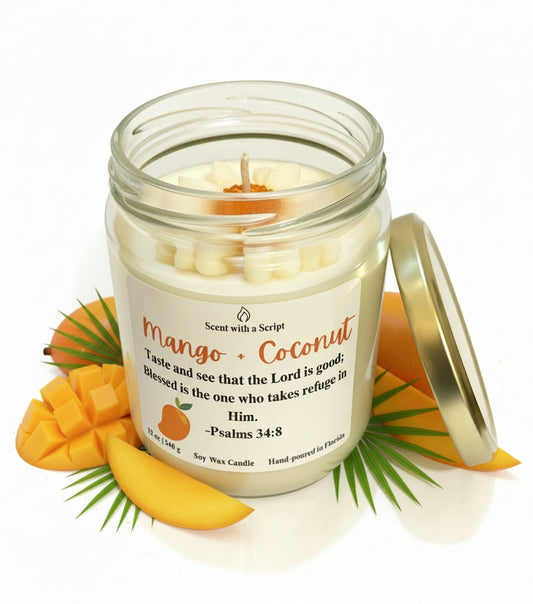 Mango and Coconut Aromatherapy Candle - Relaxing Scent with a Script 12oz | 340g  Soy Wax Candle Psalms 34:8