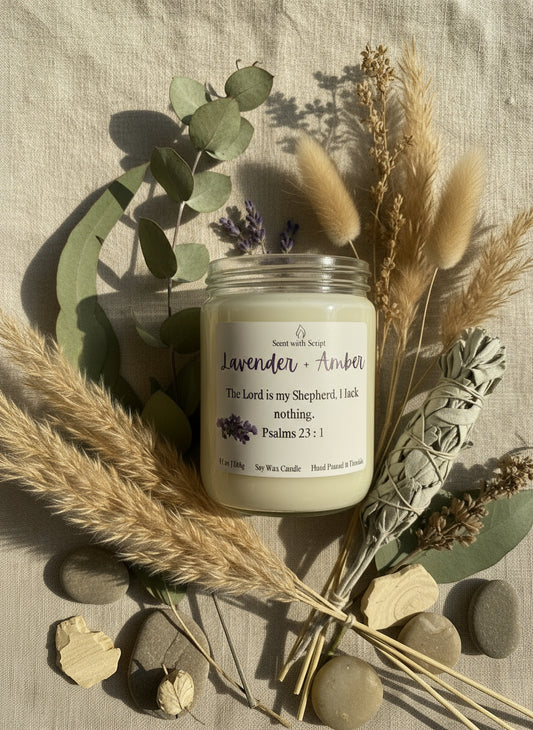 Lavender and Amber Aromatherapy Candle - Relaxing Scent with a Script 12oz| 340g Soy Wax Candle Psalms 23:1