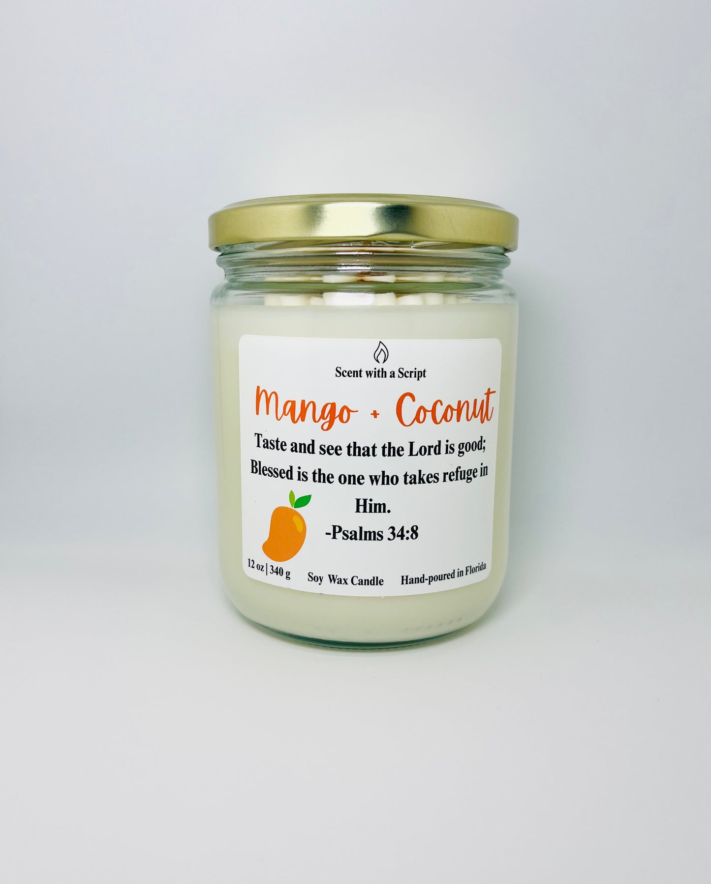 Mango and Coconut Aromatherapy Candle - Relaxing Scent with a Script 12oz | 340g  Soy Wax Candle Psalms 34:8
