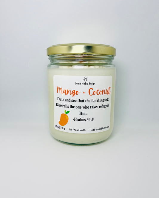 Mango and Coconut Aromatherapy Candle - Relaxing Scent with a Script 12oz | 340g  Soy Wax Candle Psalms 34:8
