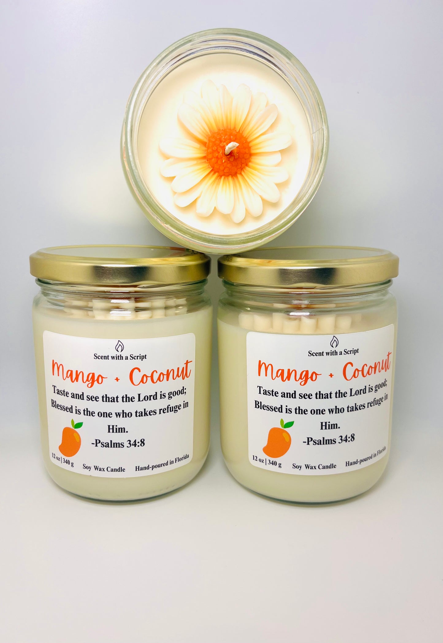 Mango and Coconut Aromatherapy Candle - Relaxing Scent with a Script 12oz | 340g  Soy Wax Candle Psalms 34:8